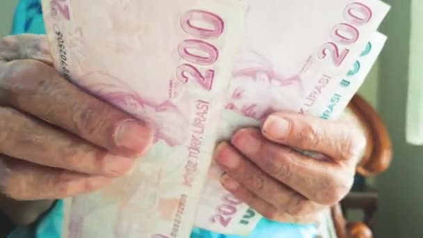 Old Woman Person Counting Turkish Banknotes — Stockvideo