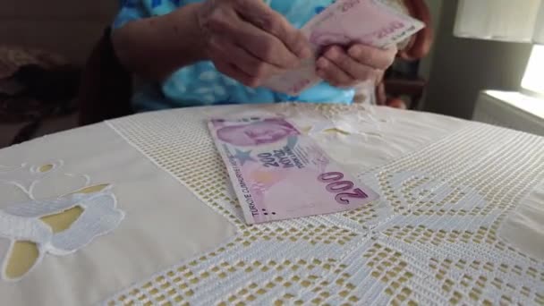 Пожилая Женщина Считающая Турецкие Банкноты — стоковое видео