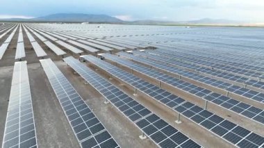 Drone view over a field of solar panels