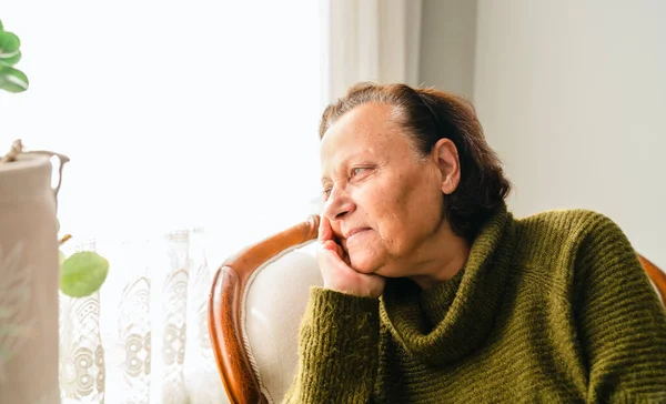 Shot Senior Woman Sitting Alone Her Living Room — Stock Fotó