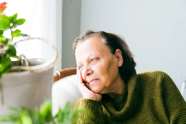 Shot Senior Woman Sitting Alone Her Living Room — Stock Fotó