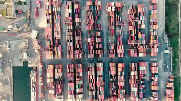 Aerial Shot Circling Container Yard Loaded Cargo Ship Dock — стокове відео