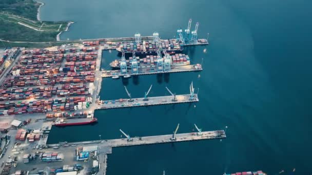 Aerial Shot Circling Container Yard Loaded Cargo Ship Dock — Vídeos de Stock