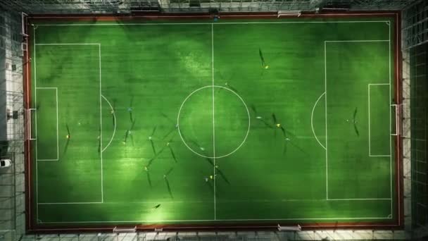 Luchtfoto Futsal Team Atleet Van Een Voetbalveld Antenne Outdoor Stadion — Stockvideo