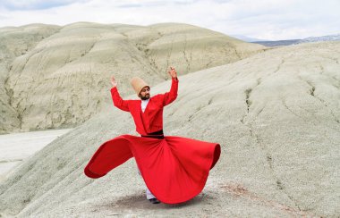 Sunset and whirling at the mountain, sufi. sufi whirling (Turkish: Semazen) is a form of Sama or physically active meditation which originated among Sufis clipart