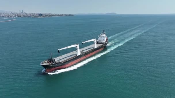 青い海の上をフルスピードで移動するコンテナ貨物船の空中ビュー — ストック動画