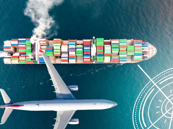 Logistica Trasporto Container Cargo Ship Cargo Plane Con Ponte Gru Foto Stock Royalty Free