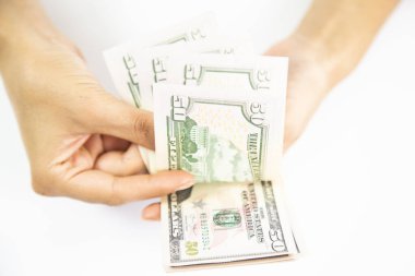Para ellerde. Tanınmayan kadın Amerikan Doları 'nı sayıyor