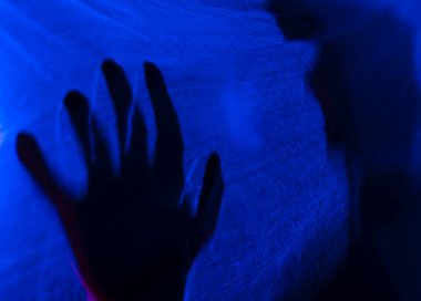 Mavi ışığın arkasındaki siluet kadın gizemli ve sanatsal bir şekilde poz veriyor.