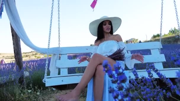 Piękna Kobieta Relaksująca Się Huśtawce Polu Kwiatów Lawendy — Wideo stockowe