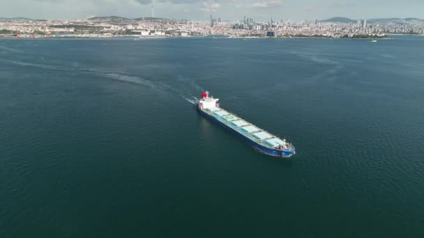 Ein Großes Containerschiff Fährt Über Ruhigen Blauen Ozean — Stockvideo