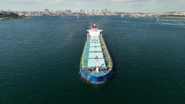 Velká Kontejnerová Nákladní Loď Pluje Přes Klidný Modrý Oceán — Stock video