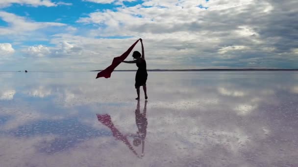 Beautiful Woman Gracefully Dance Silk Scarf Beach Sea Summer Day — Stock Video