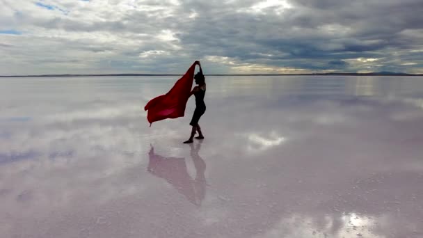Beautiful Woman Gracefully Dance Silk Scarf Beach Sea Summer Day — Stock Video
