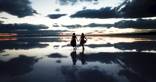 Duas Mulheres Graciosamente Caminha Praia Junto Mar Pôr Sol — Vídeo de Stock