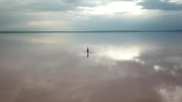 日没にトロピカルビーチで走る男 ビーチで走っている男性の空中ビュー — ストック動画