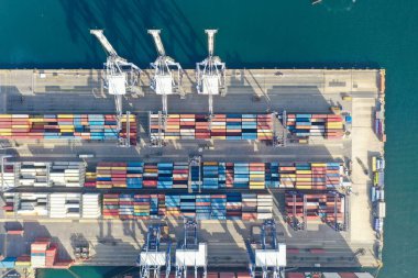 Uluslararası düzen konsepti için derin limandaki kargo konteynırının yükleme ve boşaltma konteynırlarının hava üst görünümü.