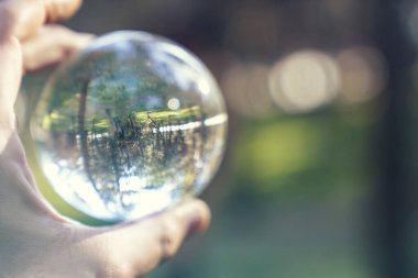 Yeşil arka planı olan cam bir topu tutan bir el.