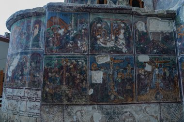 Macka, Trabzon, Turkey - September 29, 2024; Sumela monastery courtyard under the rock. Remains of old fresco are seen on several walls.Macka, Trabzon, Turkey.