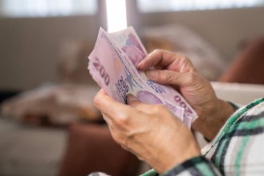 Kırışık ellerin Türk lira banknotlarını tuttuğu yakın plan.