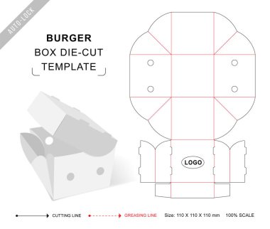 Hamburger kutusu öldü. Otomatik kilitle kesilmiş şablon ve yiyecek ambalajı için 3 boyutlu boş vektör modeliName