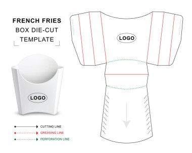 French fries box die cut template with 3D blank vector mockup for food packaging clipart