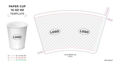 Paper cup die cut template for 16 ounce Hot Drink with 3D blank vector mockup for food packaging clipart