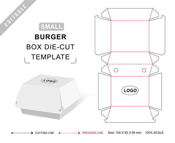 Burger box die cut template with 3D blank vector mockup for food packaging