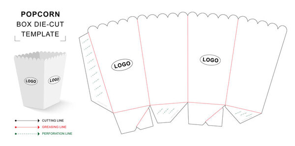 Попкорн коробка умереть шаблон с 3D пустой векторный макет для упаковки продуктов питания