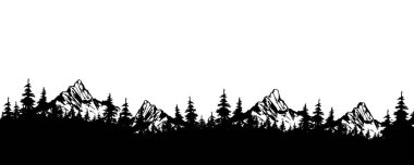 Orman ağaçlı dağların manzarası Siluet Vektörü. Beyaz bir arkaplanda izole edilmiş
