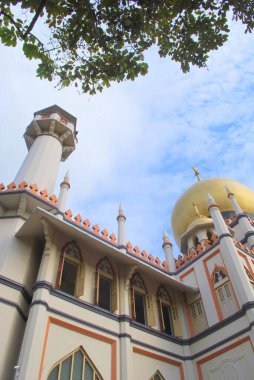 Sultan Camii 'nin tarihi binasının ve Kampong Glam Singapur' daki Muscat Caddesi 'ndeki kulesinin doğal çerçeveli bir resmi.