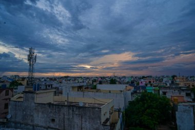 top view of city from terrace , raipur, chhattisgarh ,india, A beautiful evening view in beautiful climate or weather, time after sunsets in eve, relaxing clouds in blue, A mobile tower near house