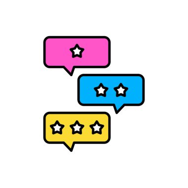 simge tam renk derecesi, yıldız geribildirim değerlendirmesi, yorum, balon sohbeti, mesaj, iletişim, sohbet, müşteri deneyimi. düzenlenebilir renk vuruşu ve dolgu. özet ve doldurulmuş renkli simge biçimi.