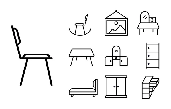 Minimalist Simple Outline Icon Set Furdors Table Interior Bed Chair — 스톡 벡터