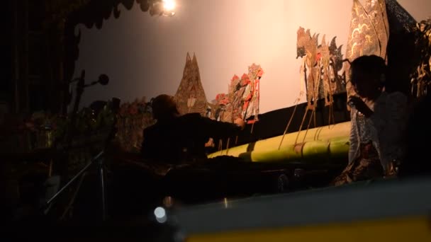 Een Man Treedt Nachts Met Wayang Traditionele Javaanse Marionet Het — Stockvideo