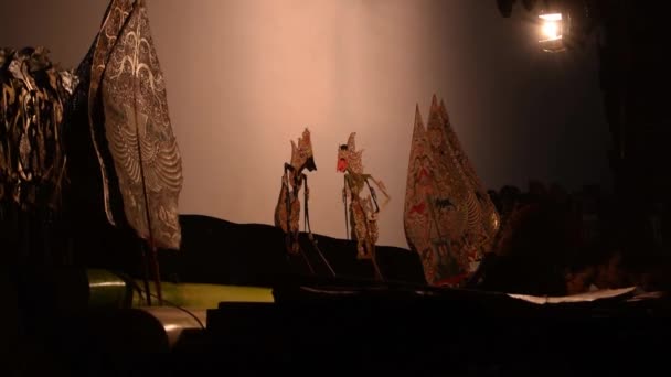 Bir Adam Gece Vakti Sahnede Wayang Geleneksel Cava Kuklası Ile — Stok video