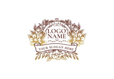 Logo Gold çiçekleri çerçeveli vintage kurdele. Logo retro, çiçek, lüks. Düzenlenebilir dosya
