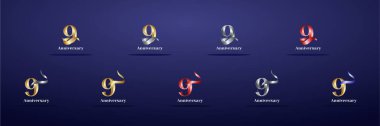 Şatafatlı Logo 9, 9. Yıldönümünüz kutlu olsun, kutlama, doğum günü, selamlama ve davetiye için yaratıcı tasarım şablonu. Altın kolo