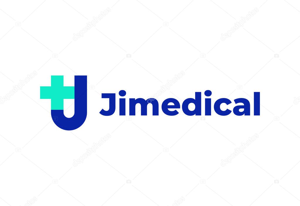 Logo letter J with symbol medical plus, Creative template for hospital and healthcare