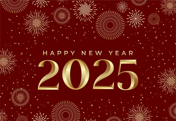 Yaratıcı tasarım Mutlu Yeni Yıl 2025, kırmızı üzerine altın rengi havai fişekler. Yeni yıl 2025 tasarım şablonu