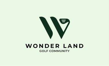 Monogram logo tasarımı W ve Golf. Golf topu, golf sopası ve tipografi konsepti. Kulüp ve toplum şablonu tasarımı. Kulüp ve topluluk şablon tasarımı