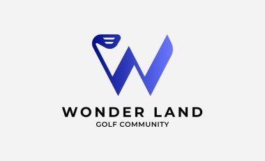 Monogram logo tasarımı W ve Golf. Golf topu, golf sopası ve tipografi konsepti. Kulüp ve toplum şablonu tasarımı. Kulüp ve topluluk şablon tasarımı