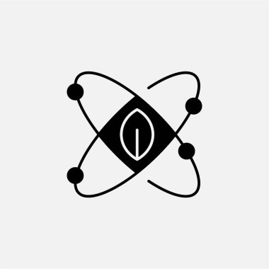 Atom enerjisi ve yaprak sembolü, serbest enerji, ekoloji, yenilenebilir ve yeşil enerji kavramı. Düz siyah simge.