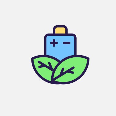 Pil ve yaprak ikonu düz, serbest enerji, ekoloji, yenilenebilir ve yeşil enerji kavramı. Özet ve dolu renkli simge.