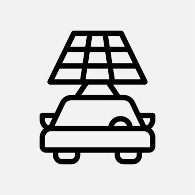 Elektrikli araba güneş enerjisi ikon hattı, serbest enerji, ekoloji, yenilenebilir ve yeşil enerji kavramı. Doğrusal ve doğrusal resim simgesi.