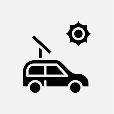 Güneş enerjisi sembolü olan elektrikli araba, serbest enerji, ekoloji, yenilenebilir ve yeşil enerji kavramı. Siyah ve katı simge.