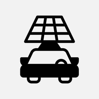 elektrikli araba güneş enerjisi ikonu yarı katı, serbest enerji, ekoloji, yenilenebilir ve yeşil enerji kavramı. Siyah ve yarı katı simge.