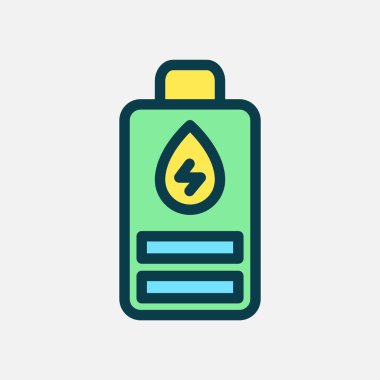 Pil suyu enerji ikonu düz çizgi rengi, serbest enerji, ekoloji, yenilenebilir ve yeşil enerji kavramı. Satır ve düz renk simgesi.