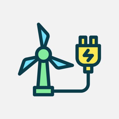 Yel değirmeni şarj ikonu düz çizgi rengi, serbest enerji, ekoloji, yenilenebilir ve yeşil enerji kavramı. Satır ve düz renk simgesi.