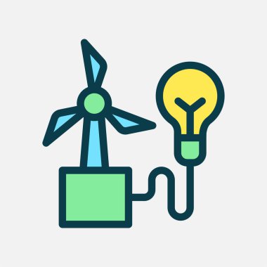 Yel değirmeni ve lamba ikonu düz çizgi rengi, serbest enerji, ekoloji, yenilenebilir enerji ve yeşil enerji kavramı. Satır ve düz renk simgesi.